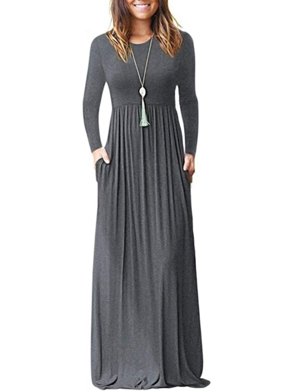 Women's Dark Gray Crew Neck Long Sleeve Pull On Casual Pockets Soft Maxi Dresses
